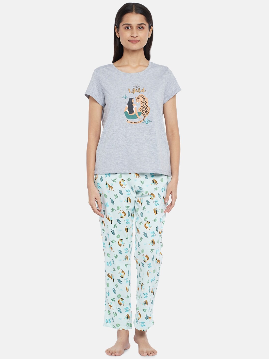 

Dreamz by Pantaloons Women Cotton Grey Melange & Blue Printed Night suit