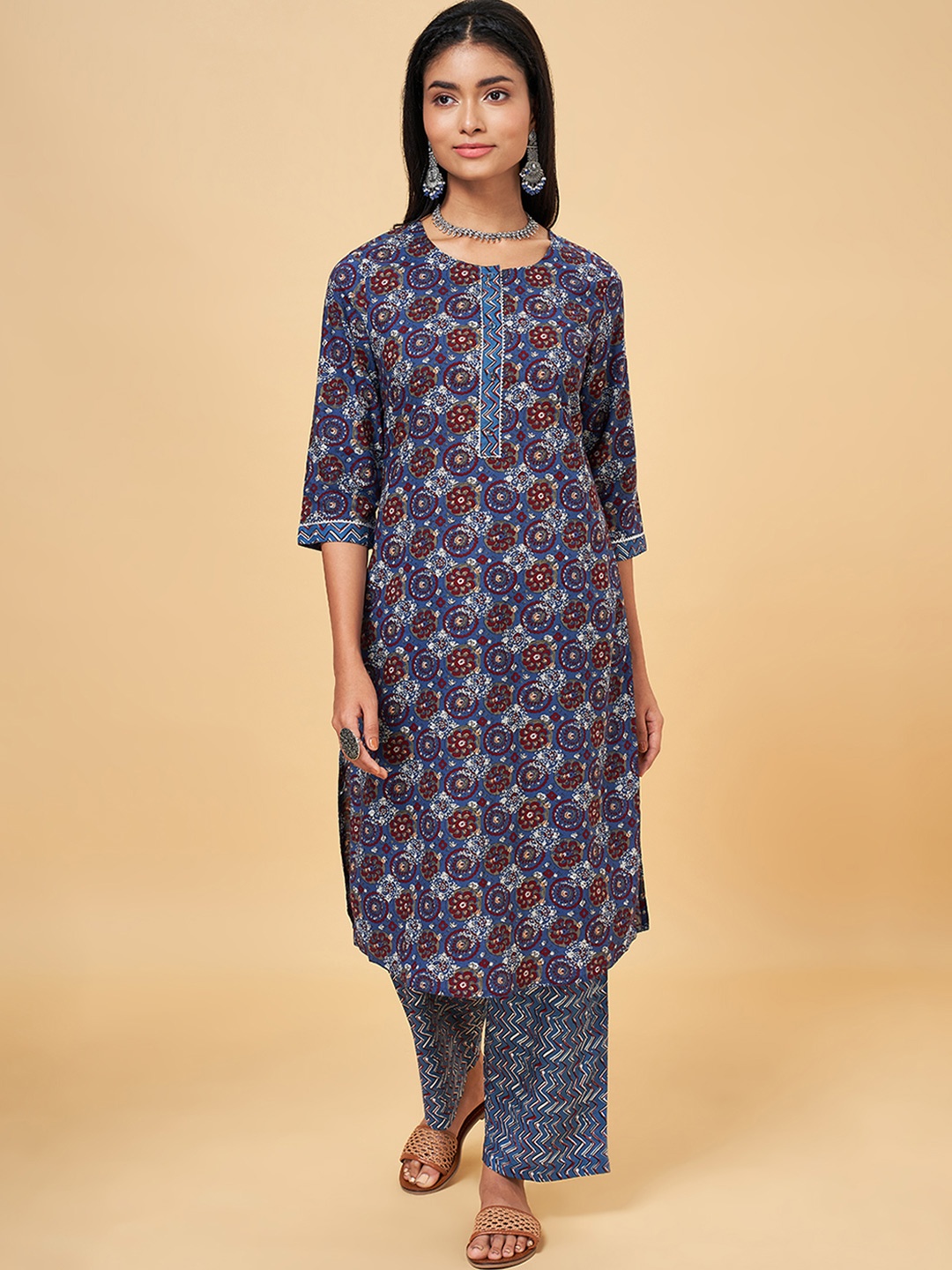 

RANGMANCH BY PANTALOONS Women Blue Floral Printed Pure Cotton Kurta with Trousers
