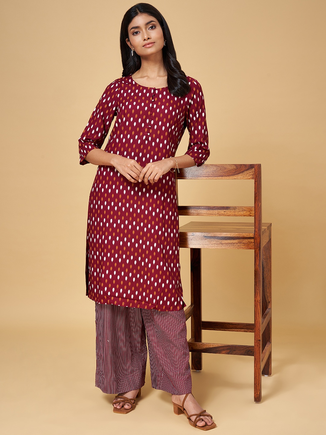 

RANGMANCH BY PANTALOONS Women Maroon & White Ethnic Motifs Printed Kurta with Palazzos