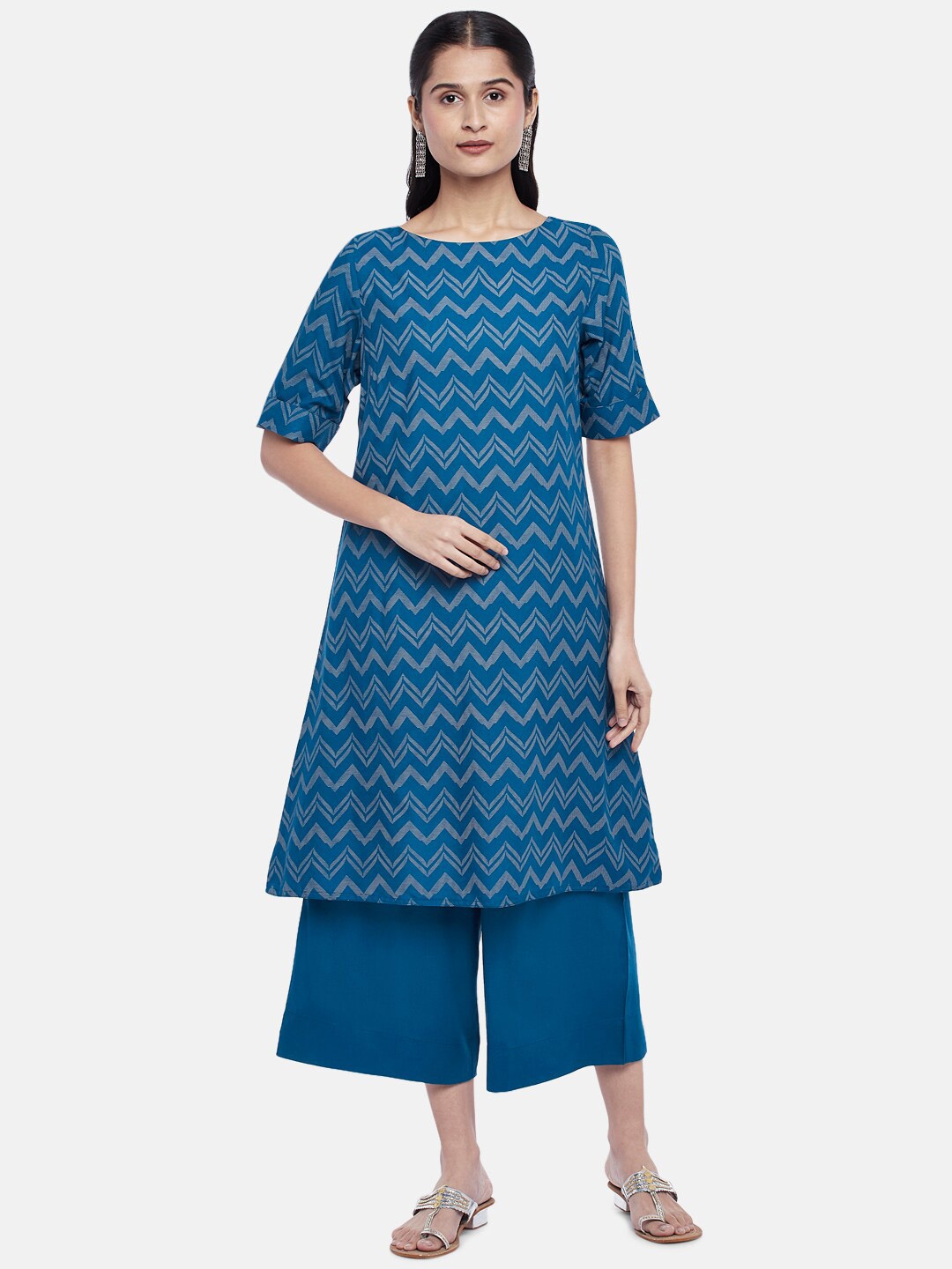 

RANGMANCH BY PANTALOONS Women Teal Printed Pure Cotton Kurta with Palazzos