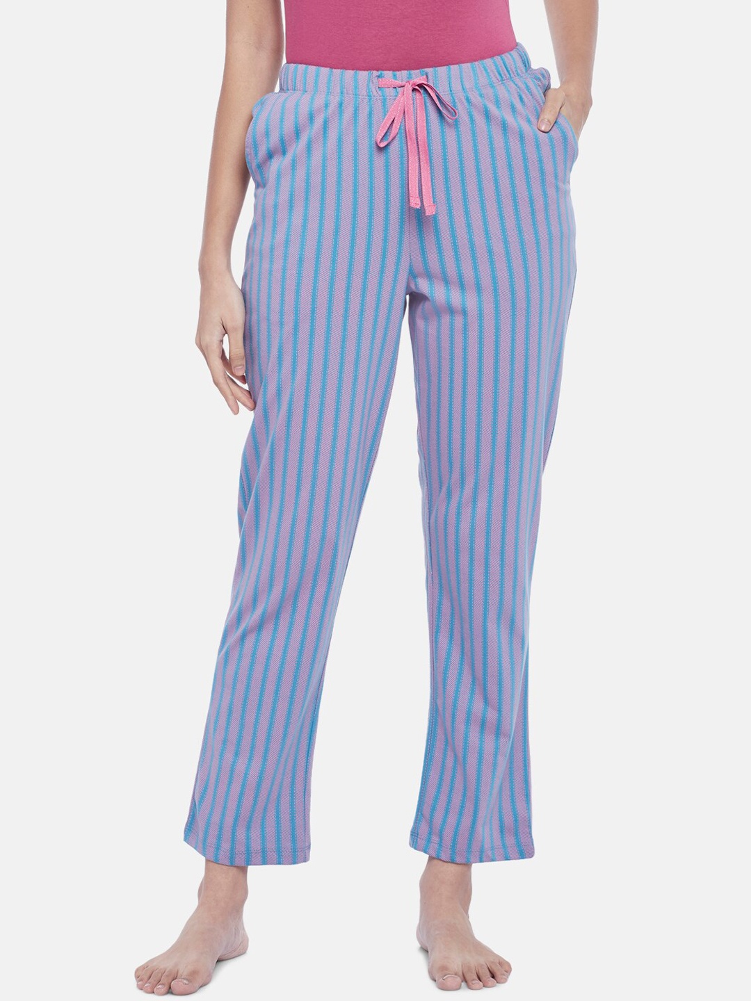 

Dreamz by Pantaloons Women Turquoise Blue & Pink Striped Cotton Lounge Pants