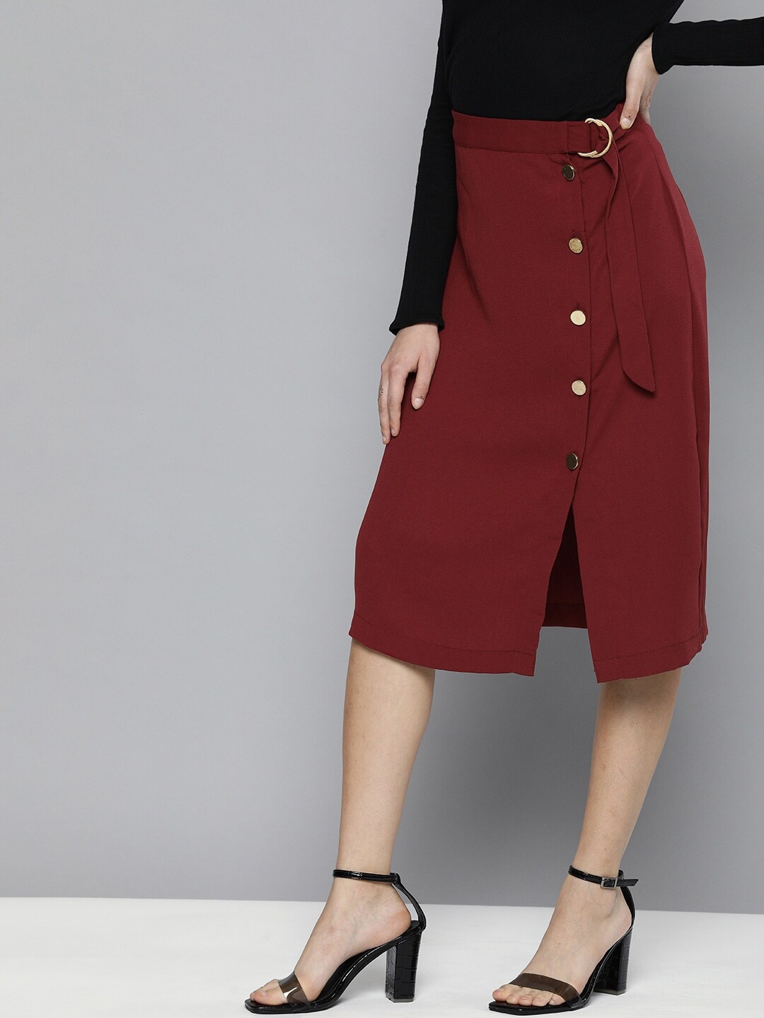 

Chemistry Women Maroon Solid Front Slit Midi Straight Skirt