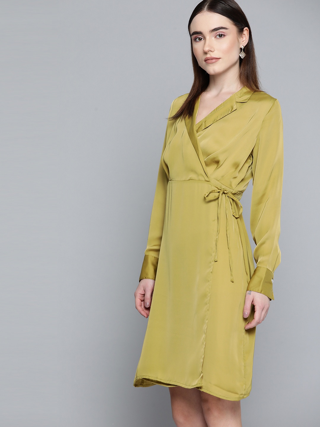 

Chemistry Olive Green Solid Wrap Satin Dress