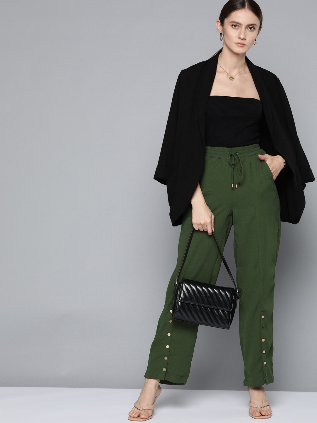 

Chemistry Women Olive Green Solid Button Detail Trousers