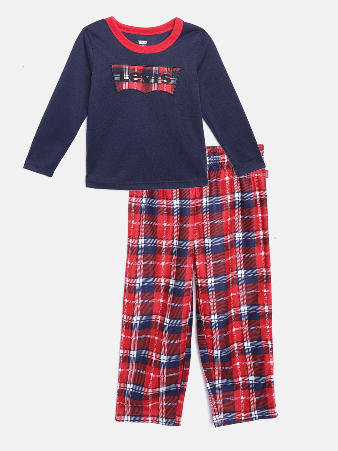 

Levis Boys Navy Blue & Red Solid Brand Logo Applique Knitted Polyester Night Suit