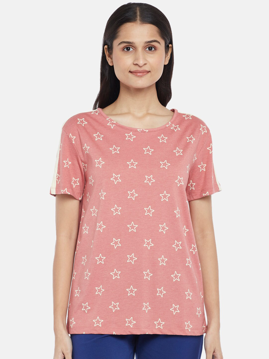 

Dreamz by Pantaloons Pink & White Geometric Printed Pure Cotton Lounge tshirt