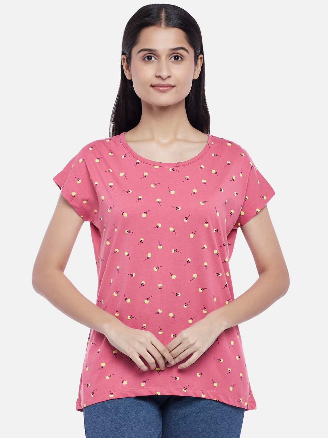 

Dreamz by Pantaloons Pink Floral Printed Extended Sleeves Pure Cotton Lounge tshirt