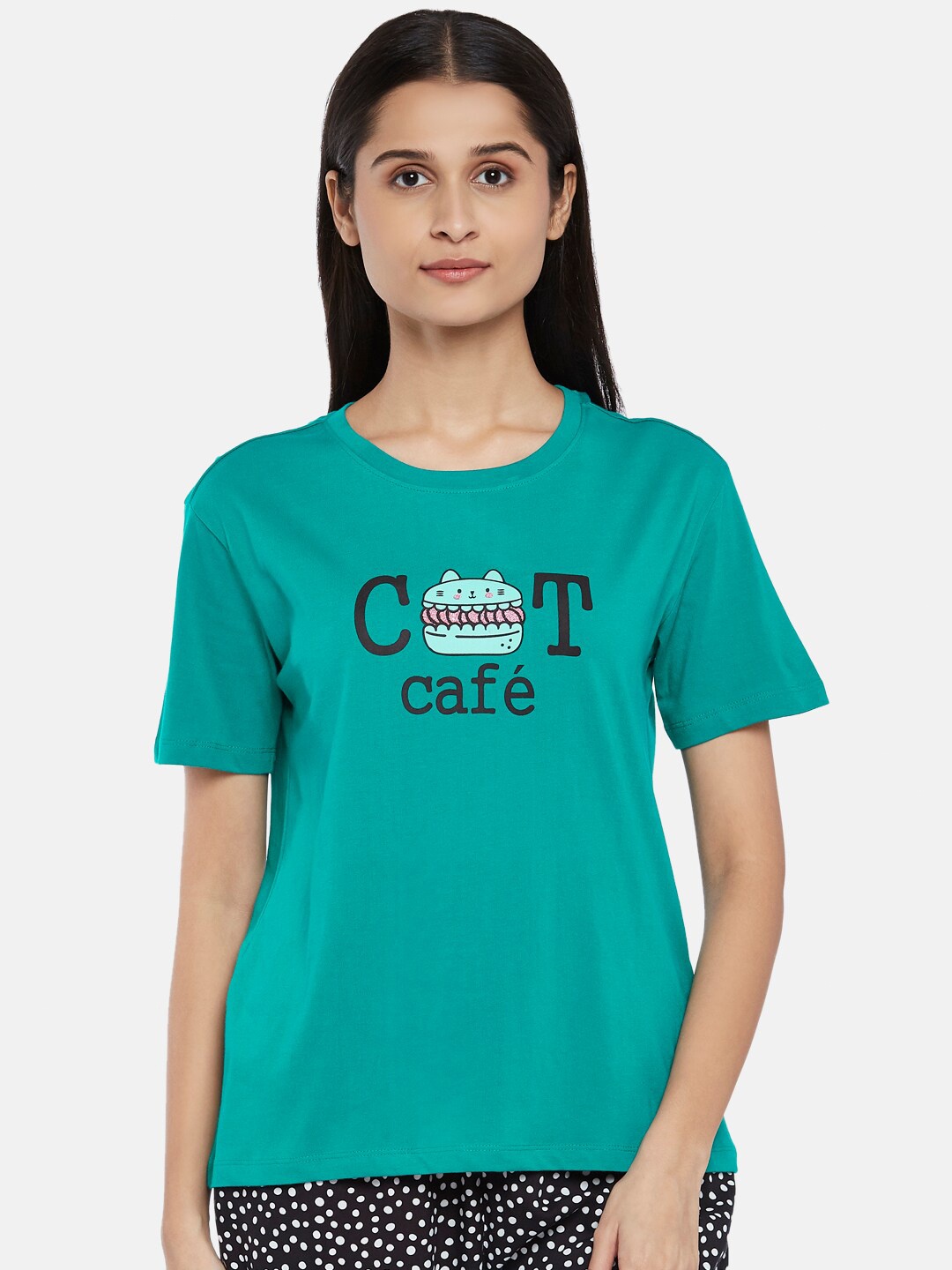 

Dreamz by Pantaloons Woman Teal Green Print Cotton Lounge tshirt
