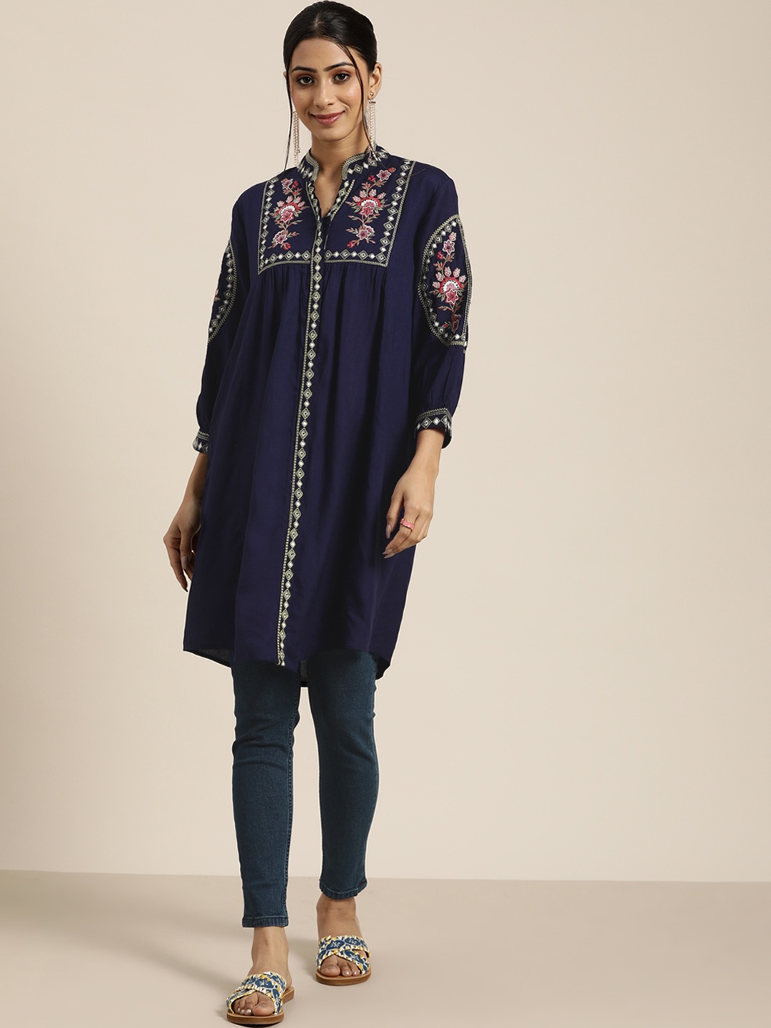 

Sangria Women Navy Blue Ethnic Motifs Embroidered Mirror Work Kurta