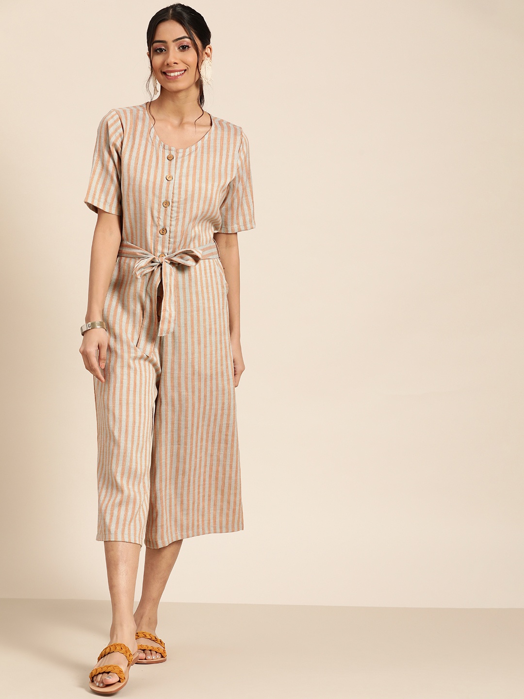 

Sangria Women Beige & Grey Striped Culotte Jumpsuit