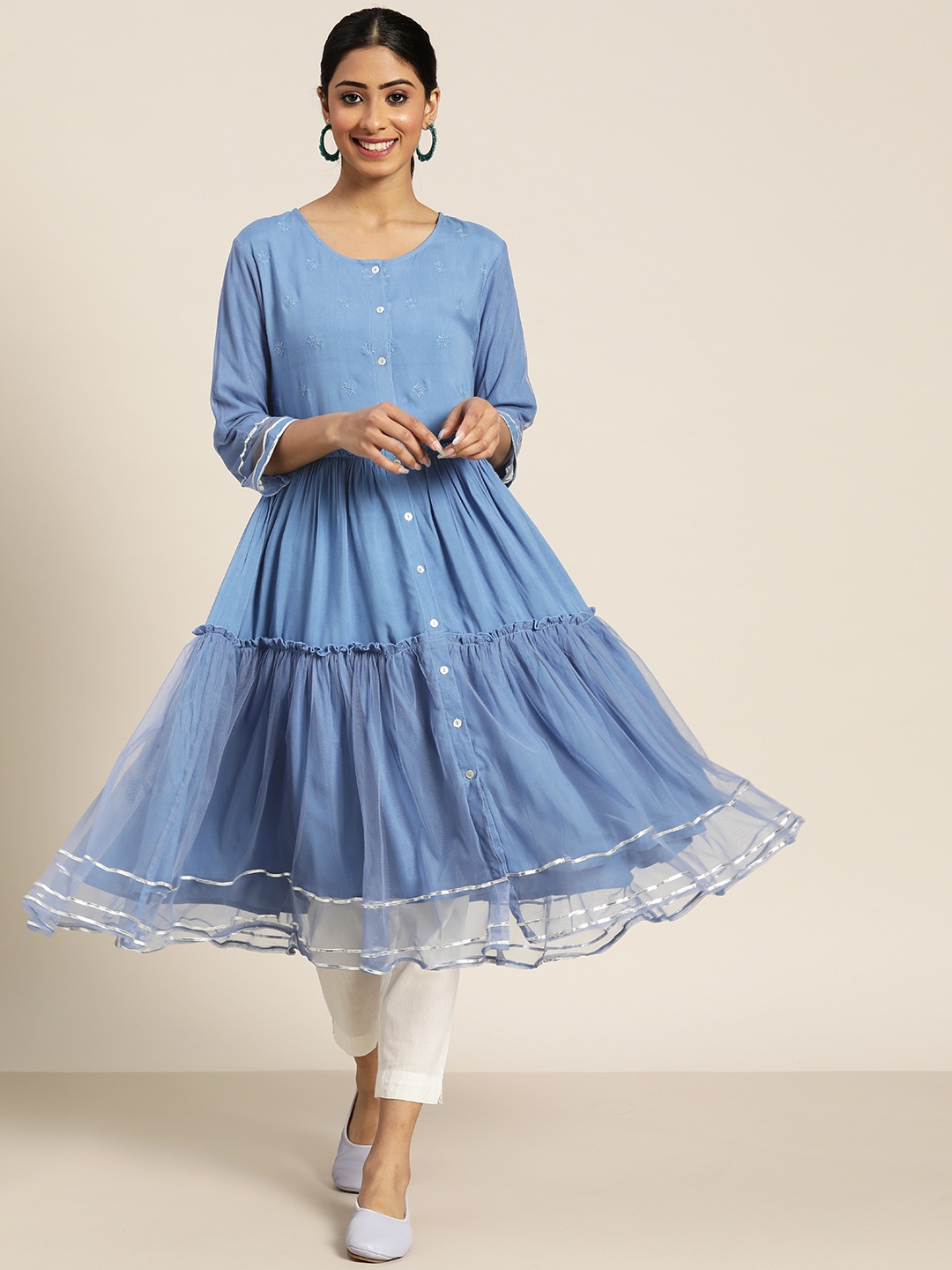 

Sangria Women Blue Embroidered Tiering Anarkali Kurta