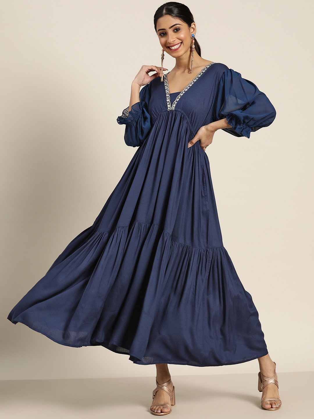 

Sangria Navy Blue Puff Sleeves Ethnic Trapeze Dress