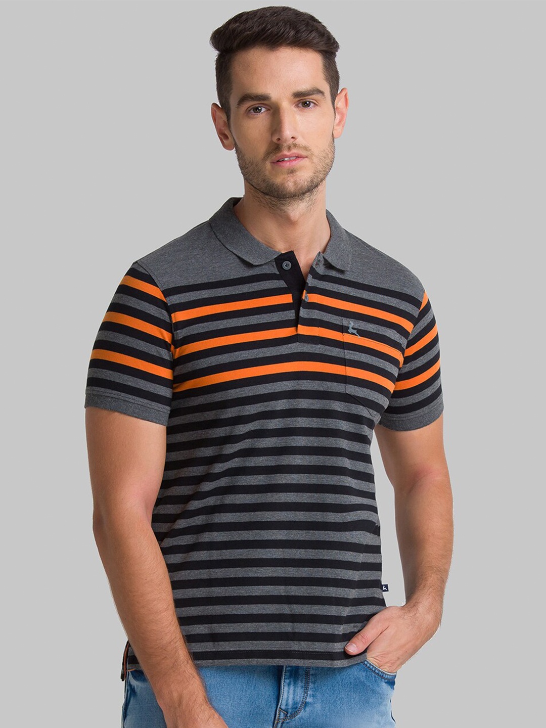 

Parx Men Grey & Orange Striped Polo Collar Cotton T-shirt