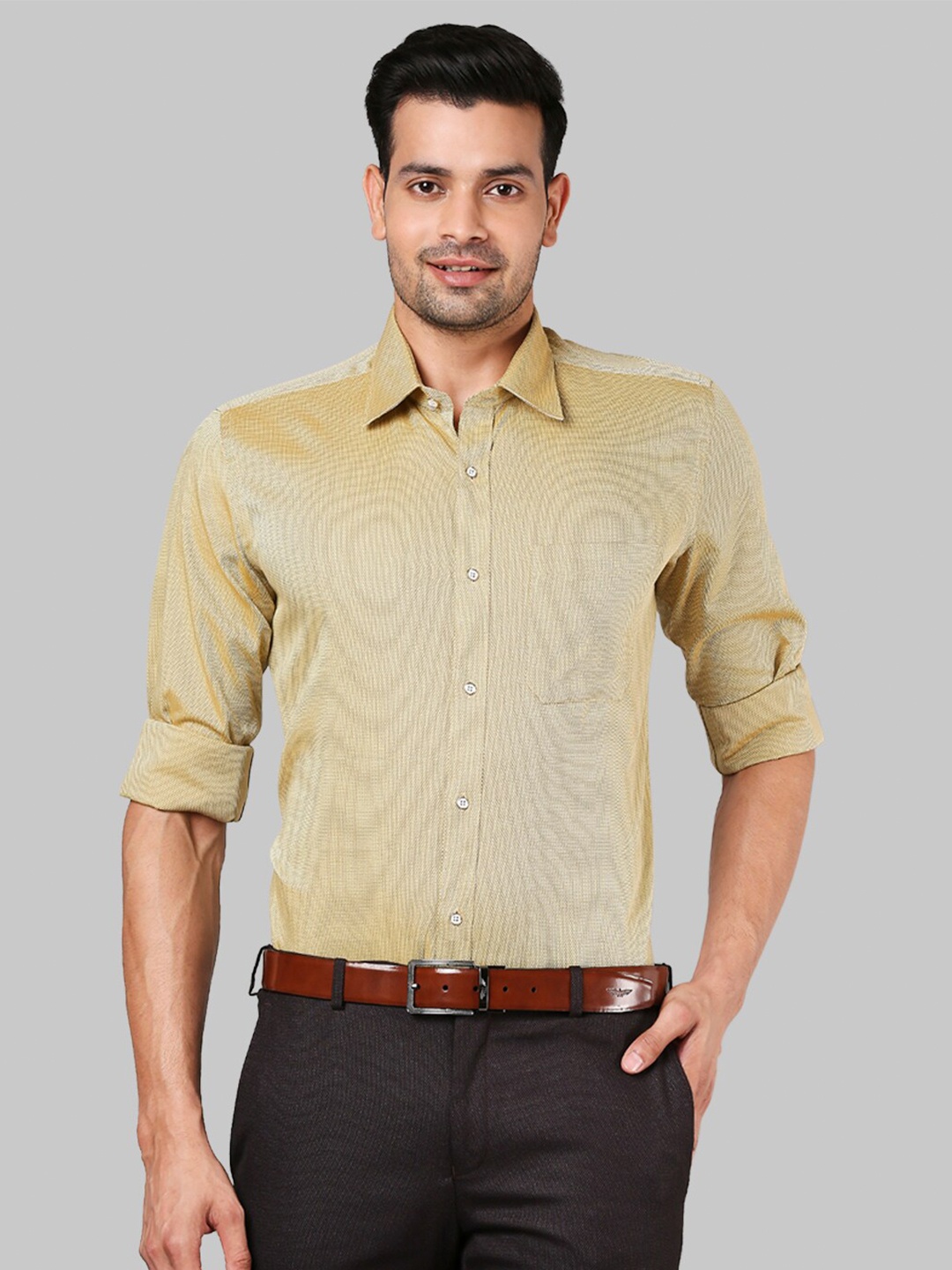 

Raymond Men Khaki Striped Formal Shirt