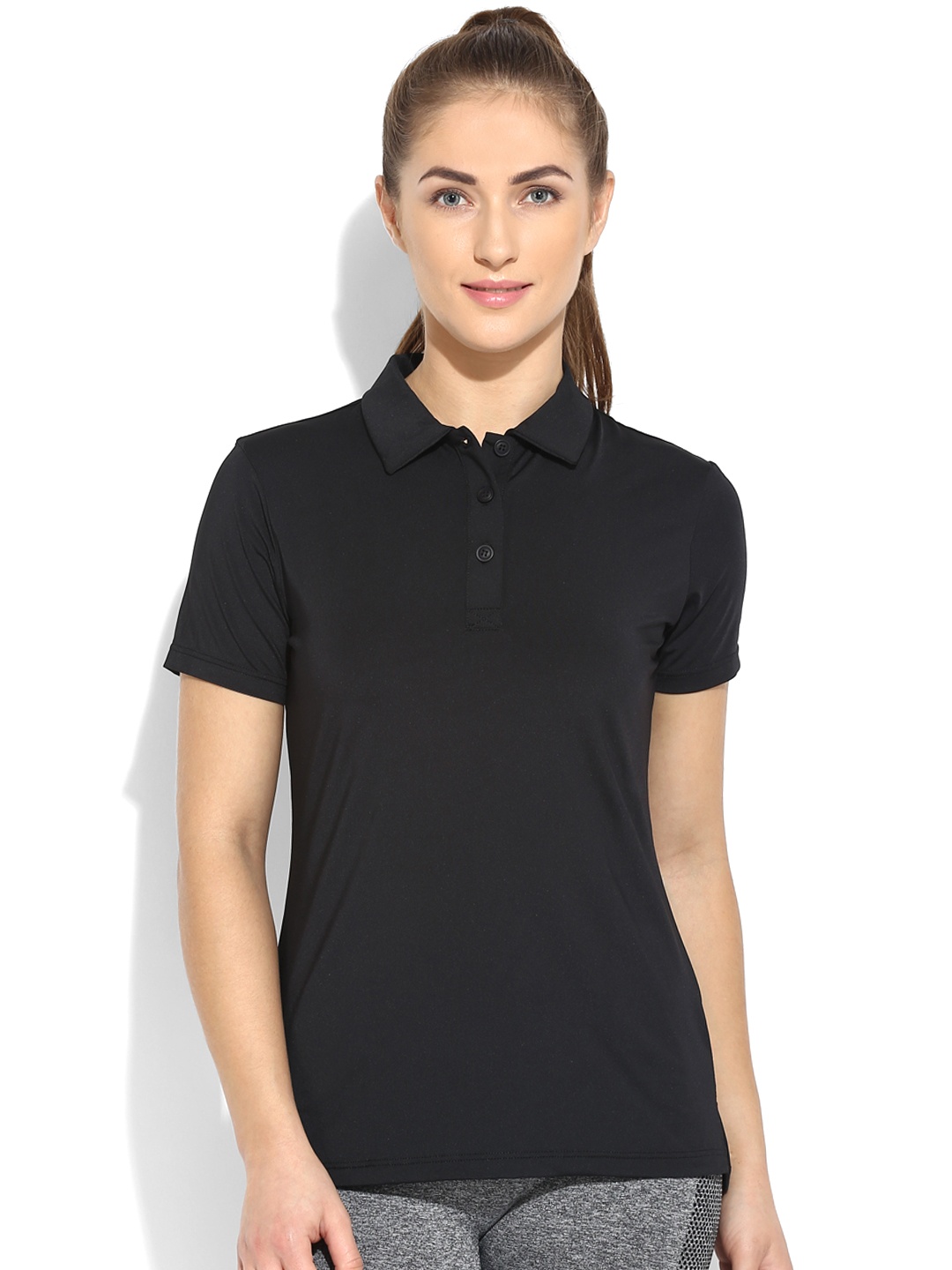 

Da Intimo Women Black Solid Polo Collar Training T-shirt