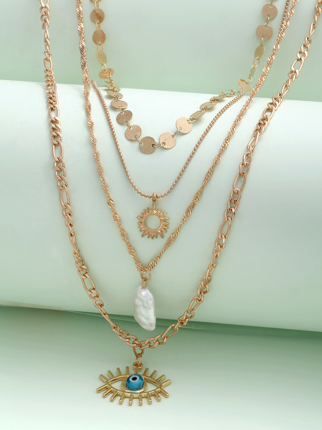 

Ferosh Women Gold Toned & White Stone Blue Evil Eye Layered Necklace
