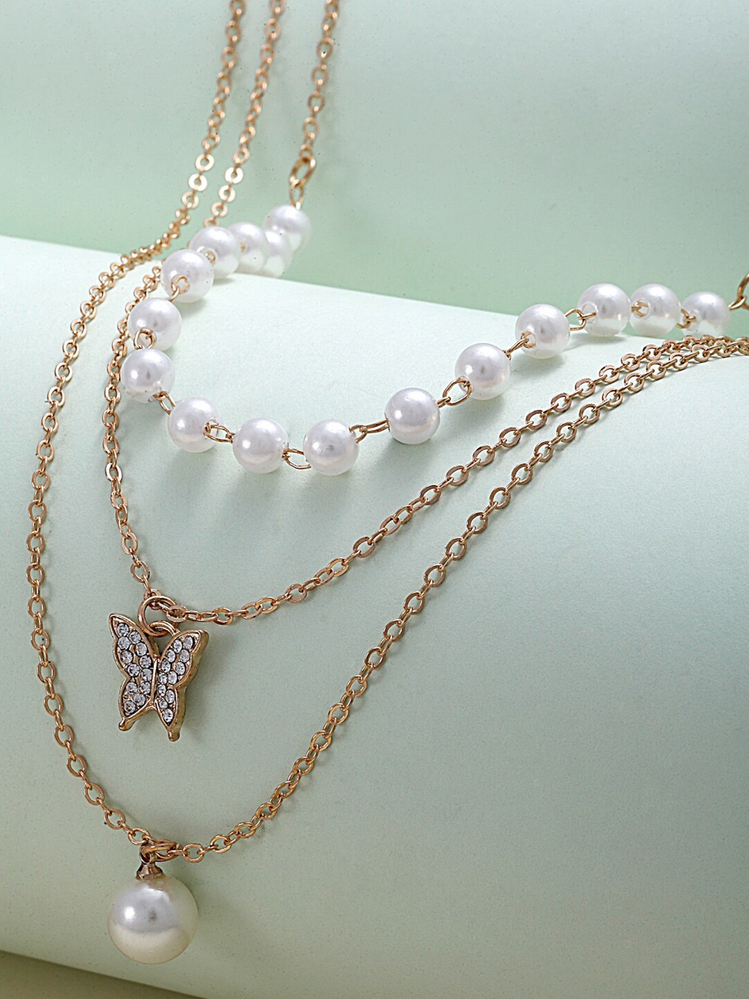 

Ferosh Gold-Toned & White Pearl Butterfly Charm Layered Necklace