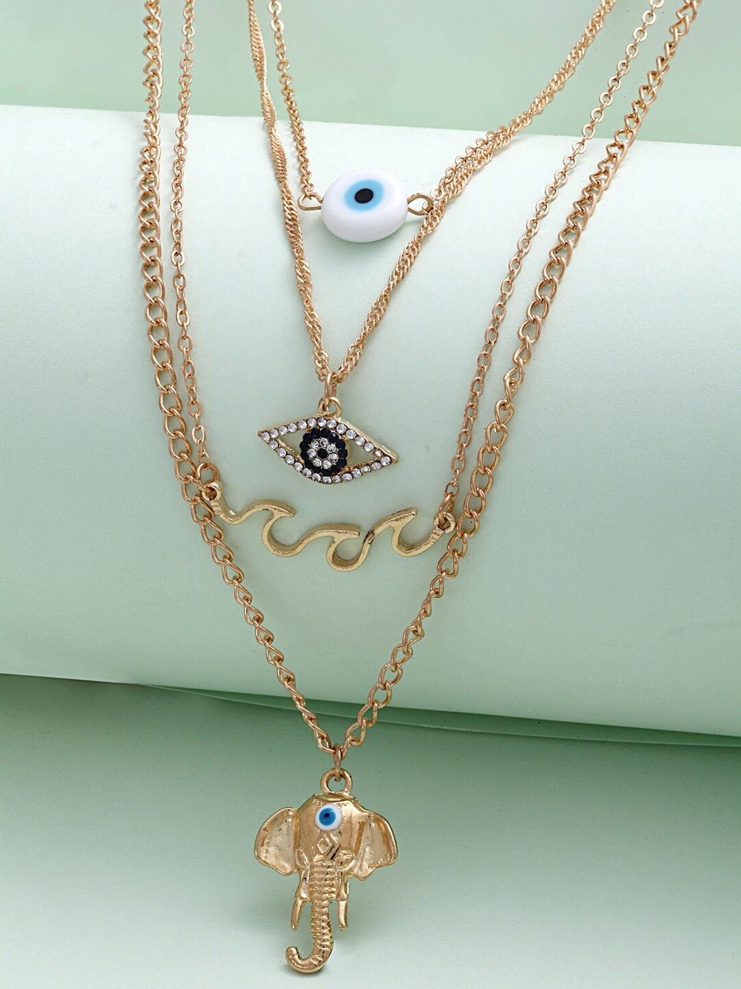 

Ferosh Women Gold-Plated Elephant & Evil Eye Layered Necklace