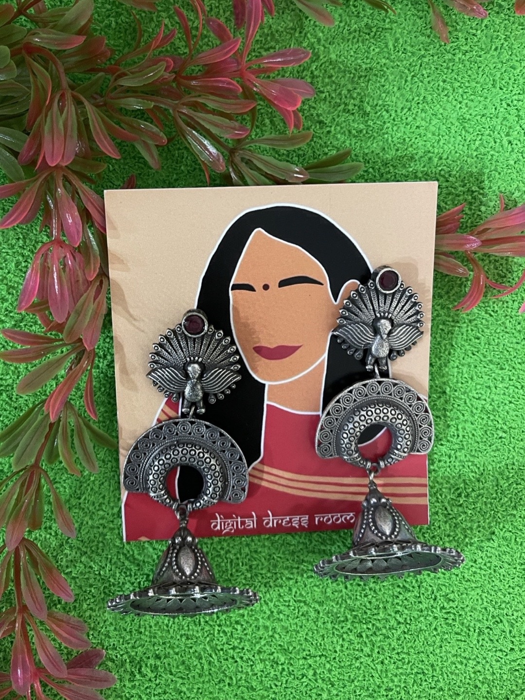 

Digital Dress Room German Silver & Red Peacock Shaped Jhumkas Earrings