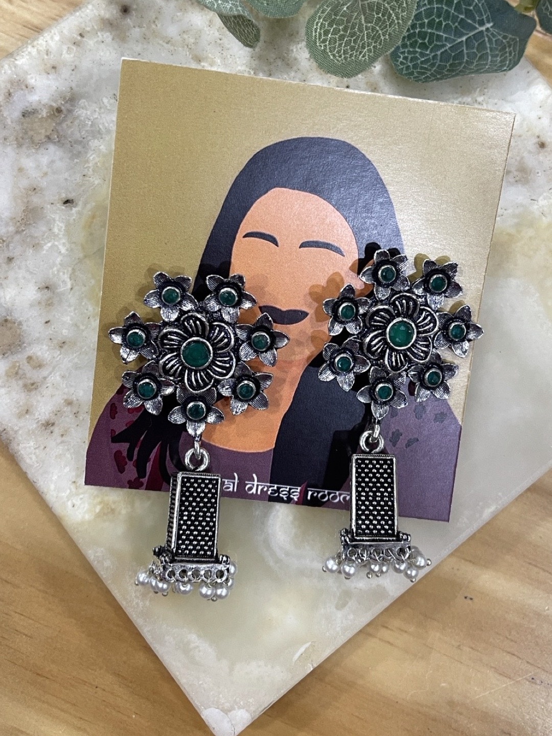 

Digital Dress Room German Silver & Green Floral Jhumkas Earrings