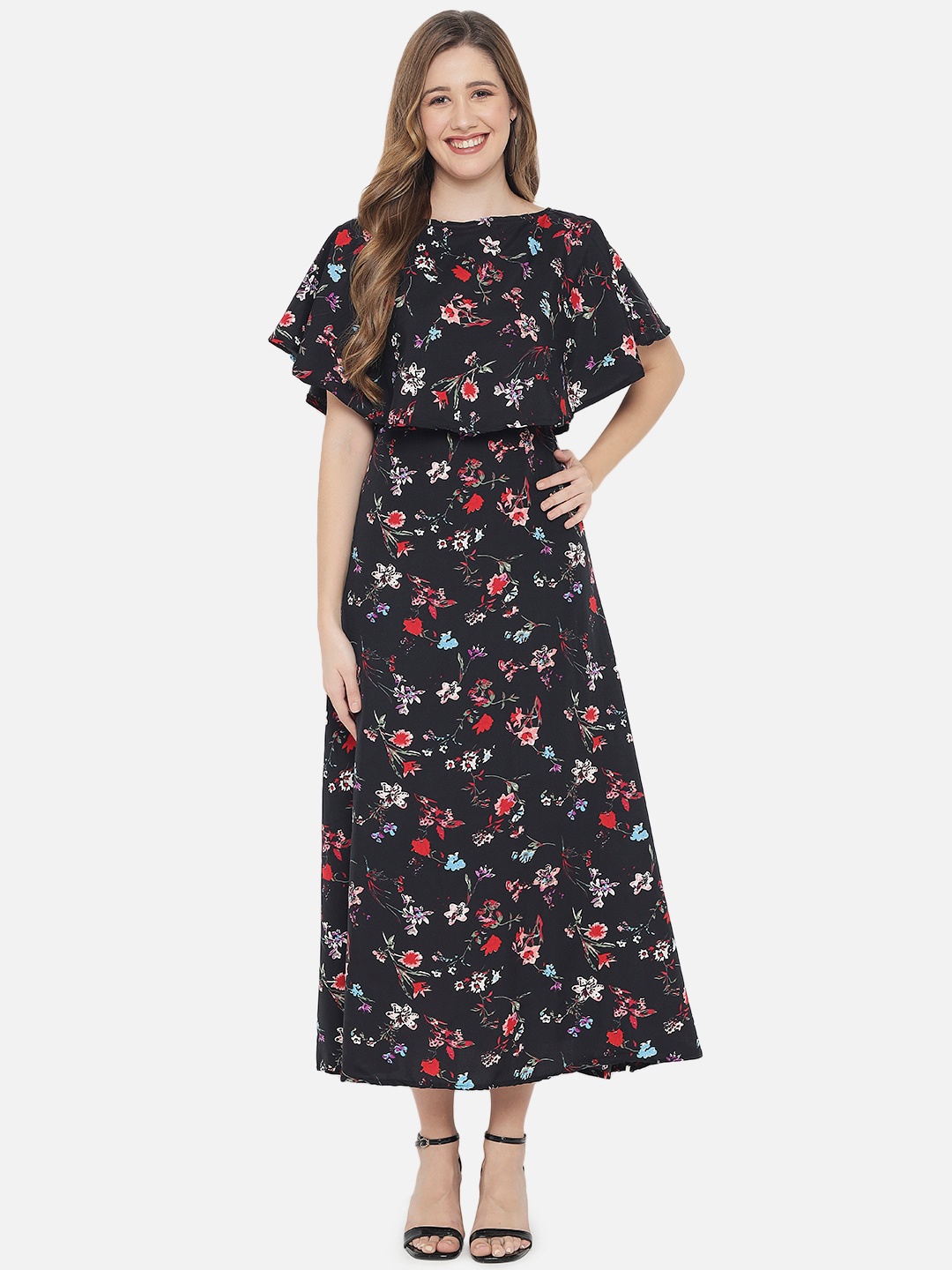 

Indietoga Women Black Floral Cape Maxi Dress