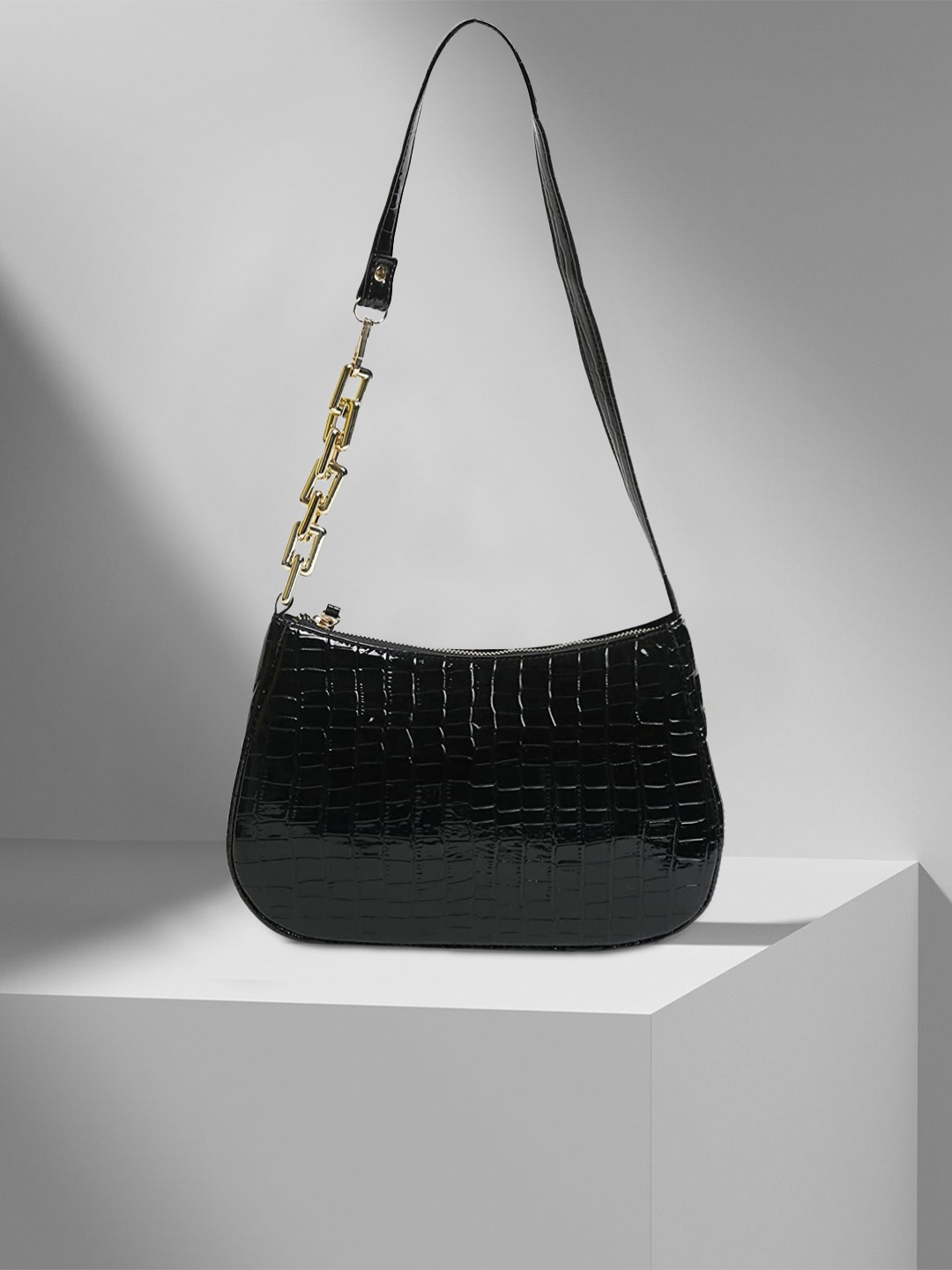 

Lychee bags Black Textured PU Half Moon Shoulder Bag