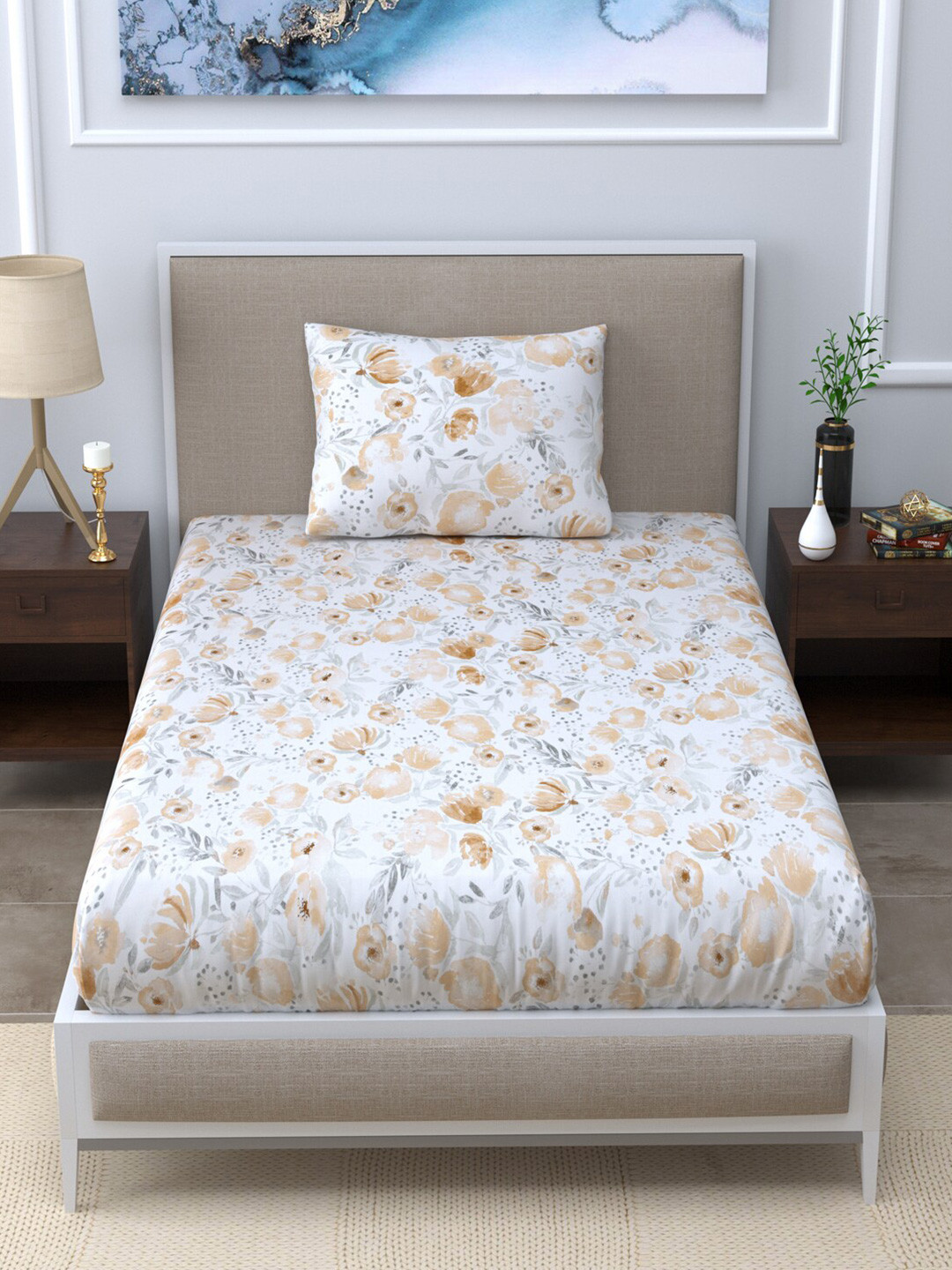 

LINENWALAS Happy Sleeping Brown & White Floral 300 TC Single Bedsheet with 1 Pillow Covers
