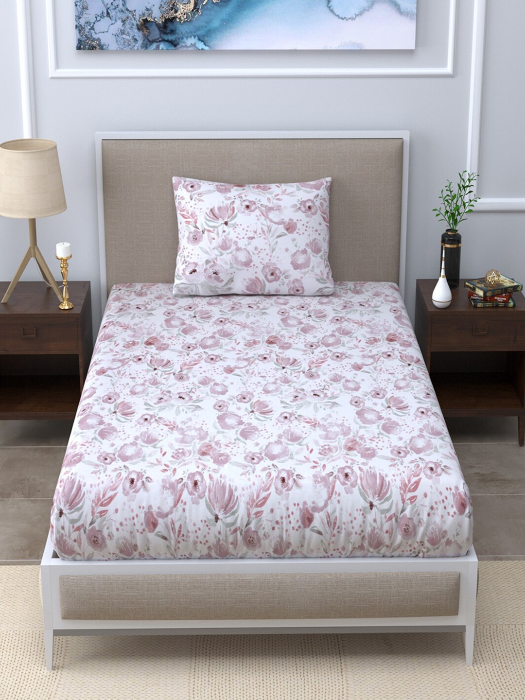 

LINENWALAS Happy Sleeping Pink & White Floral 300 TC Single Bedsheet with 1 Pillow Covers