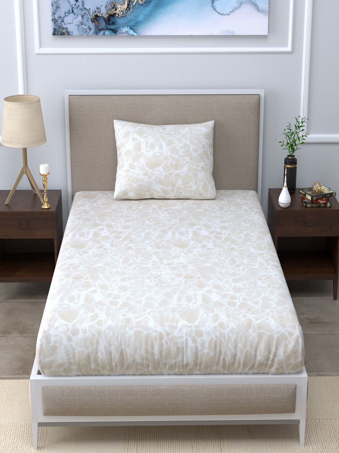 

LINENWALAS Happy Sleeping Beige & White 300 TC Single Bedsheet with 1 Pillow Covers