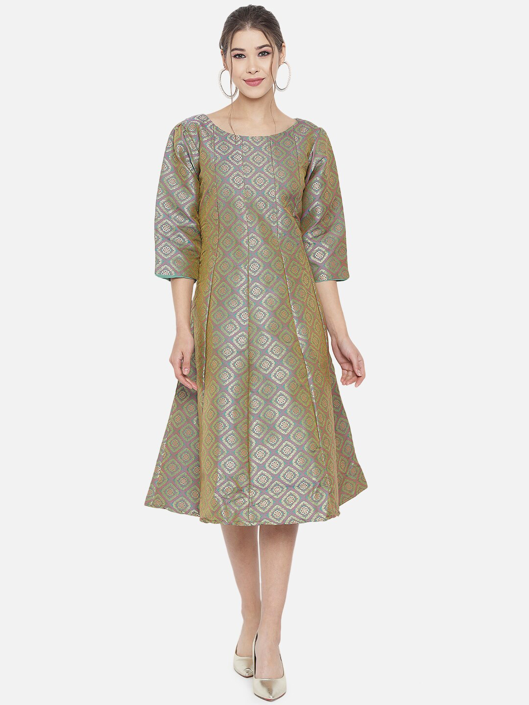

RAISIN Olive Green Jacquard Banarasi Brocade A-Line Dress