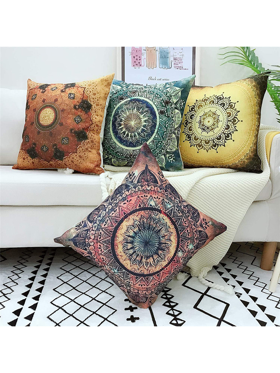 

AAZEEM Blue & Black Set of 5 Ethnic Motifs Velvet Square Cushion Covers