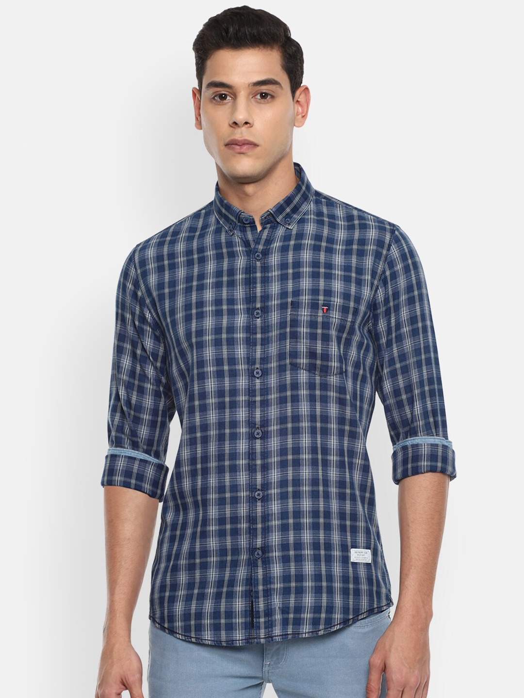 

Louis Philippe Jeans Men Navy Blue Slim Fit Tartan Checked Pure Cotton Casual Shirt