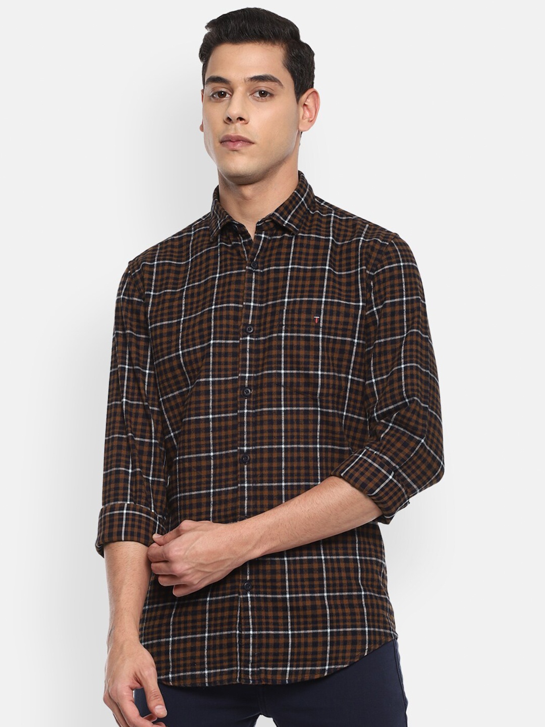

Louis Philippe Jeans Men Brown Slim Fit Tartan Checks Checked Casual Shirt