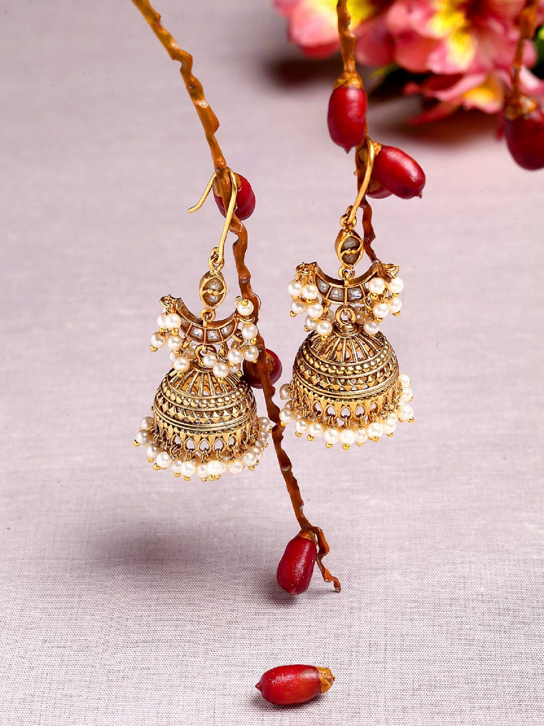 

Amaltaas White & Gold-Toned Geometric Jhumkas Earrings