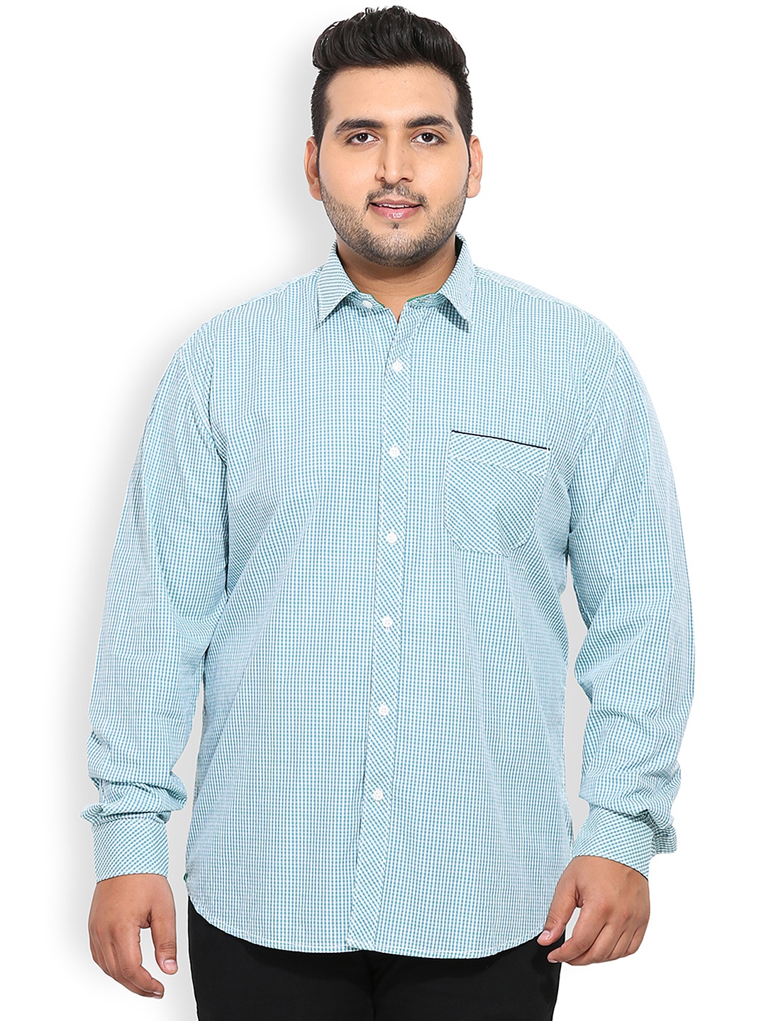 

John Pride Plus Size Men Green Standard Fit Checked Casual Shirt