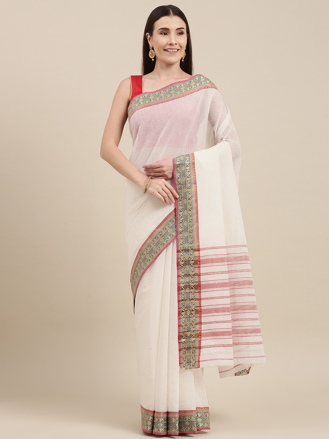 

Pavechas White Pure Cotton Venkatgiri Saree