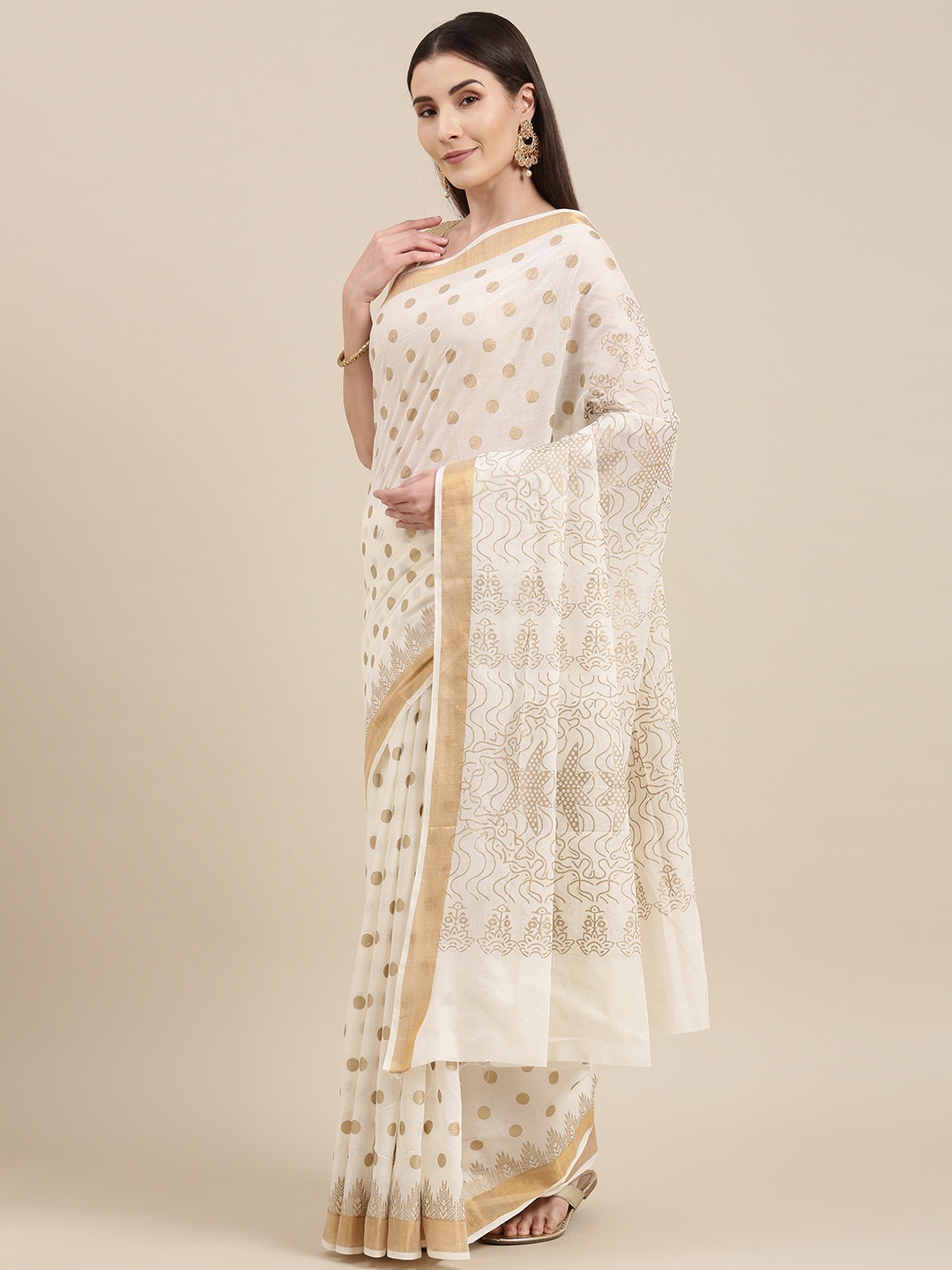 

Pavechas White & Golden Polka Dots Print Pure Cotton Kasavu Saree