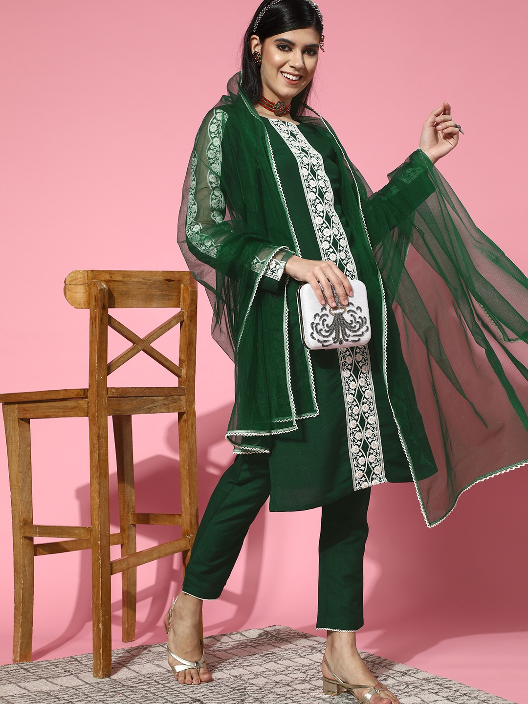 

Inddus Solid Silk Blend Scalloped Edge Kurta Set, Green