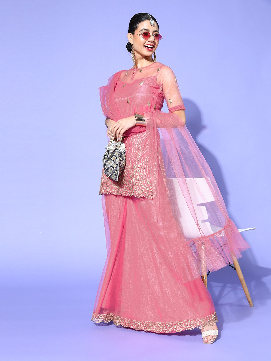 

Inddus Solid Net Scalloped Edge Kurta Set, Pink