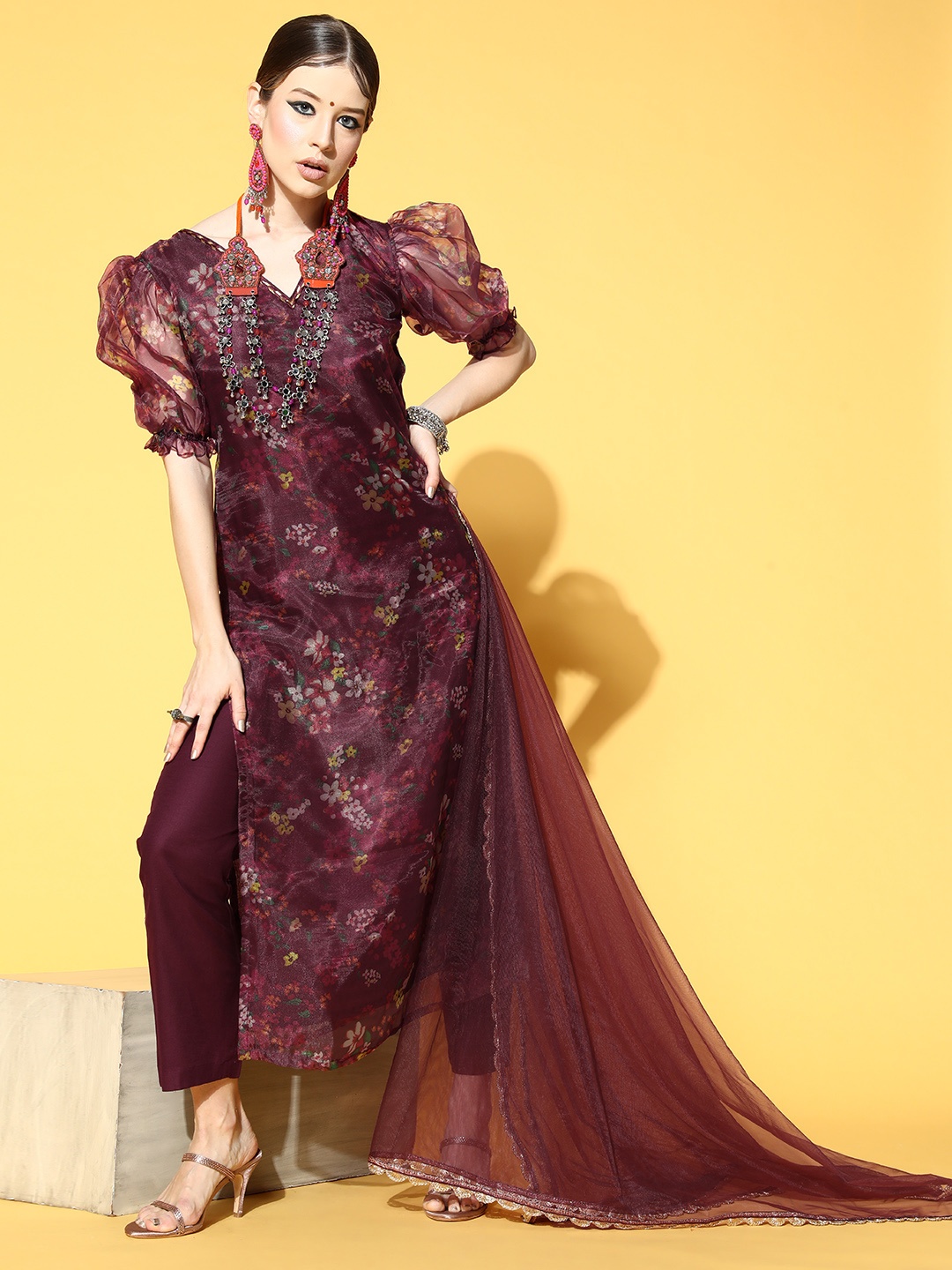 

Inddus Floral Organza Scalloped Edge Kurta Set, Maroon