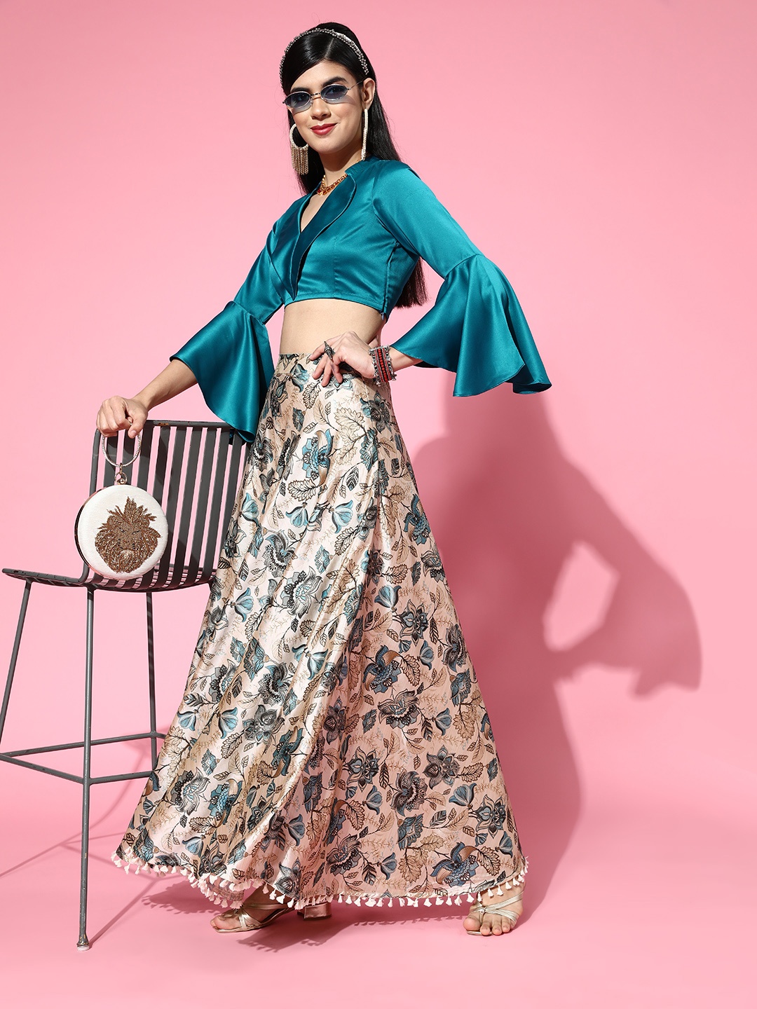 

Inddus Women Stunning Blue Solid Top with Printed Skirt