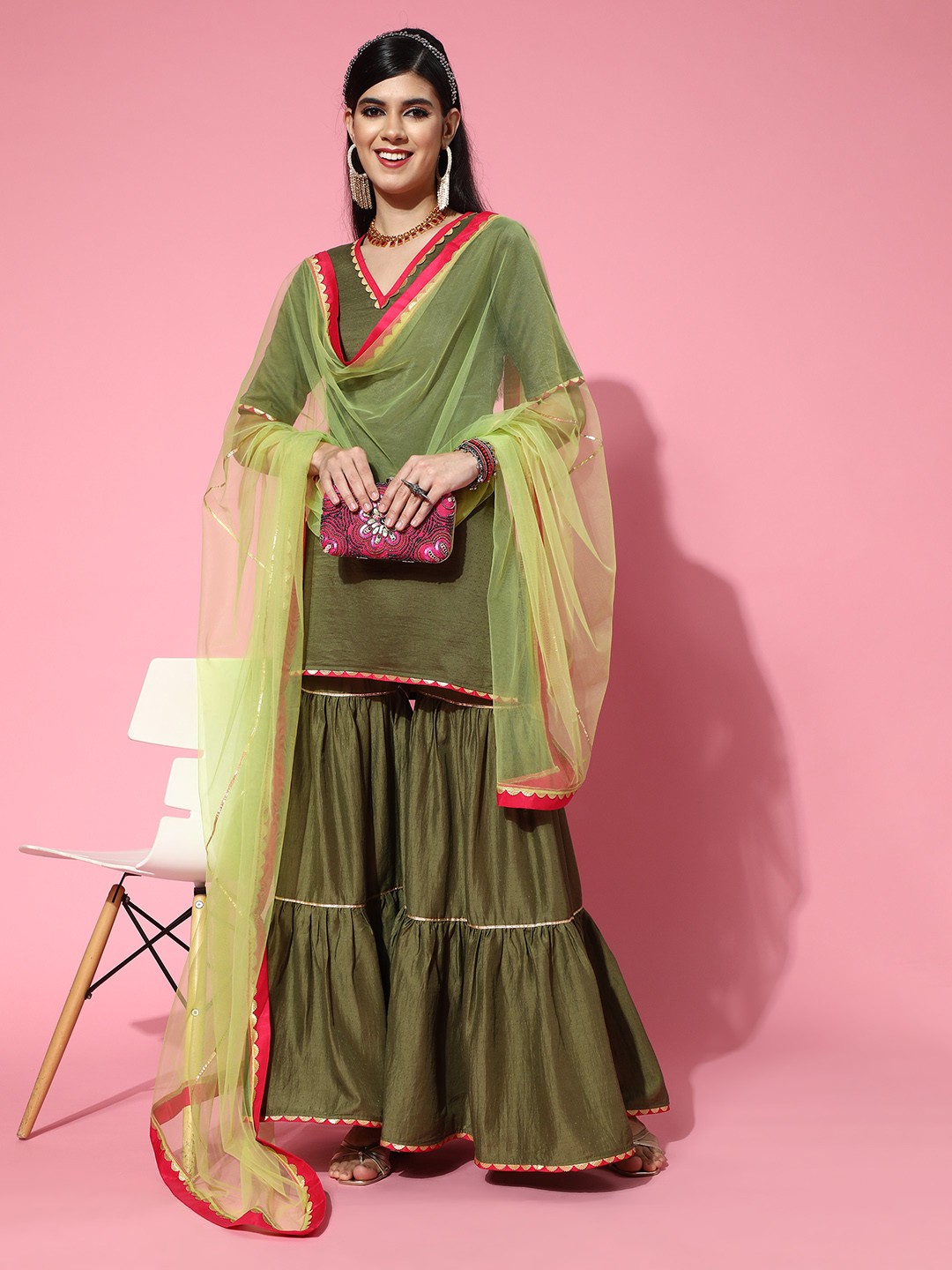 

Inddus Solid Silk Blend Scalloped Edge Kurta Set, Olive