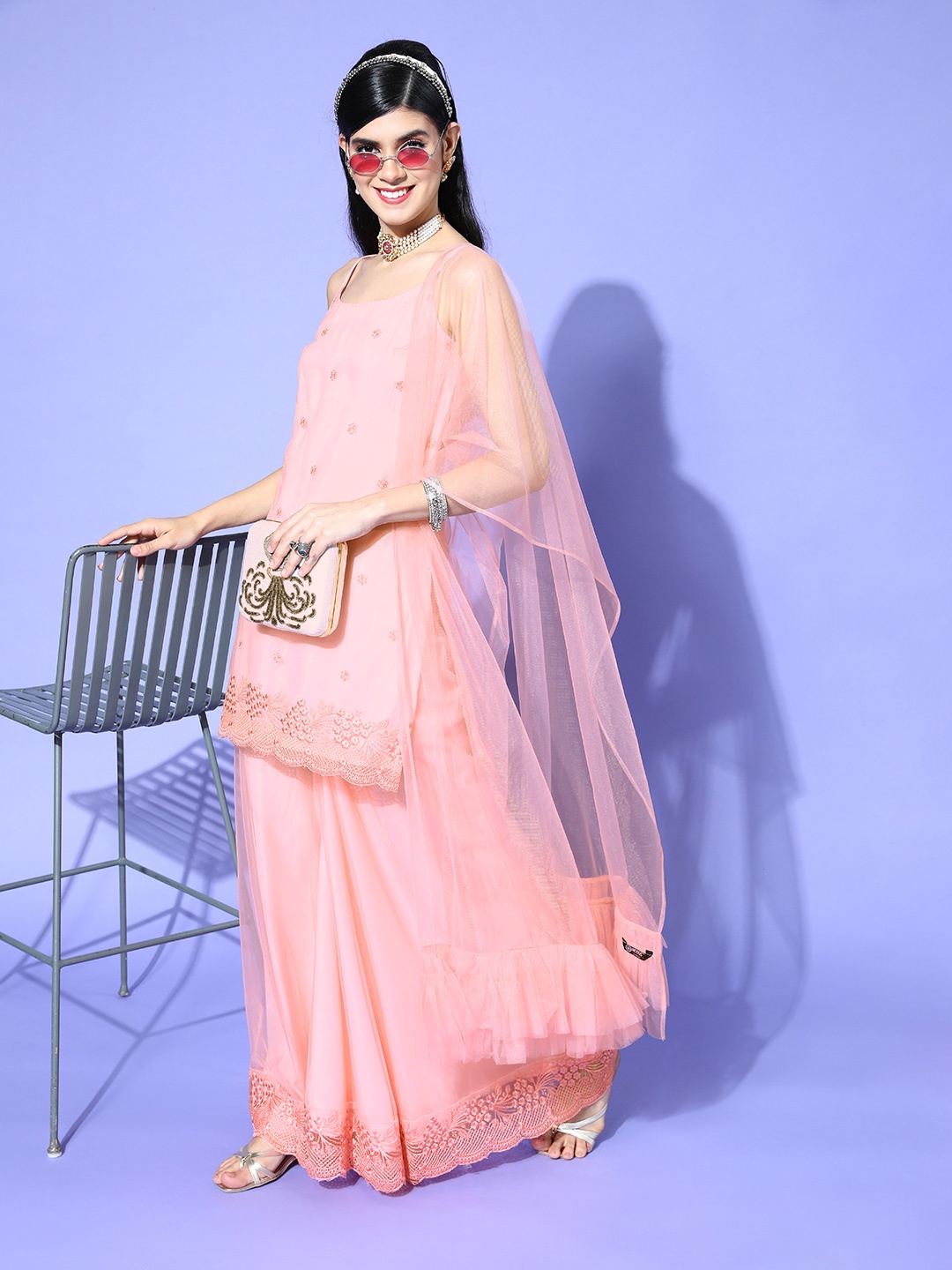 

Inddus Floral Net Scalloped Edge Kurta Set, Pink