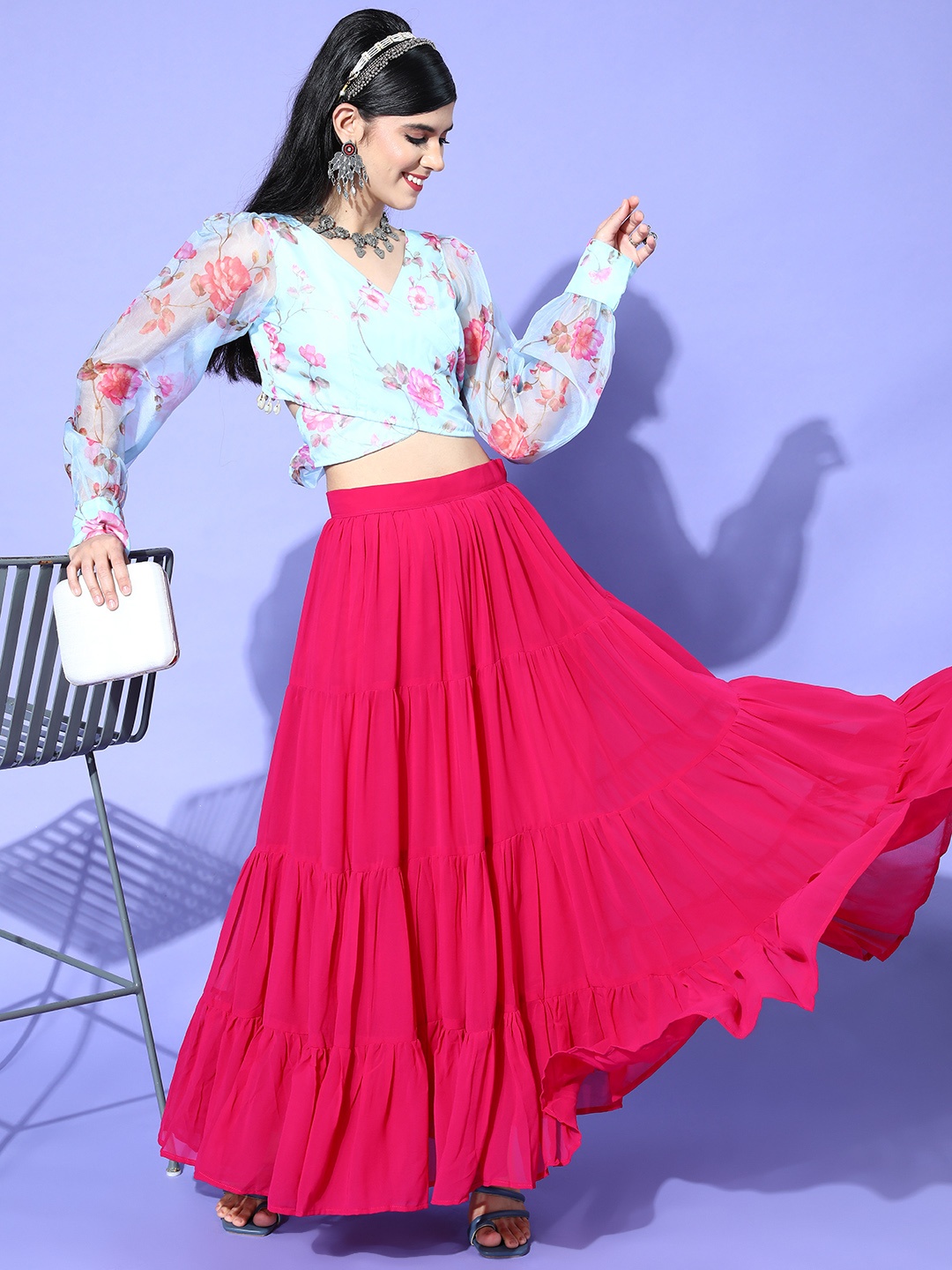 

Inddus Women Stunning Blue Printed Top with Solid Skirt