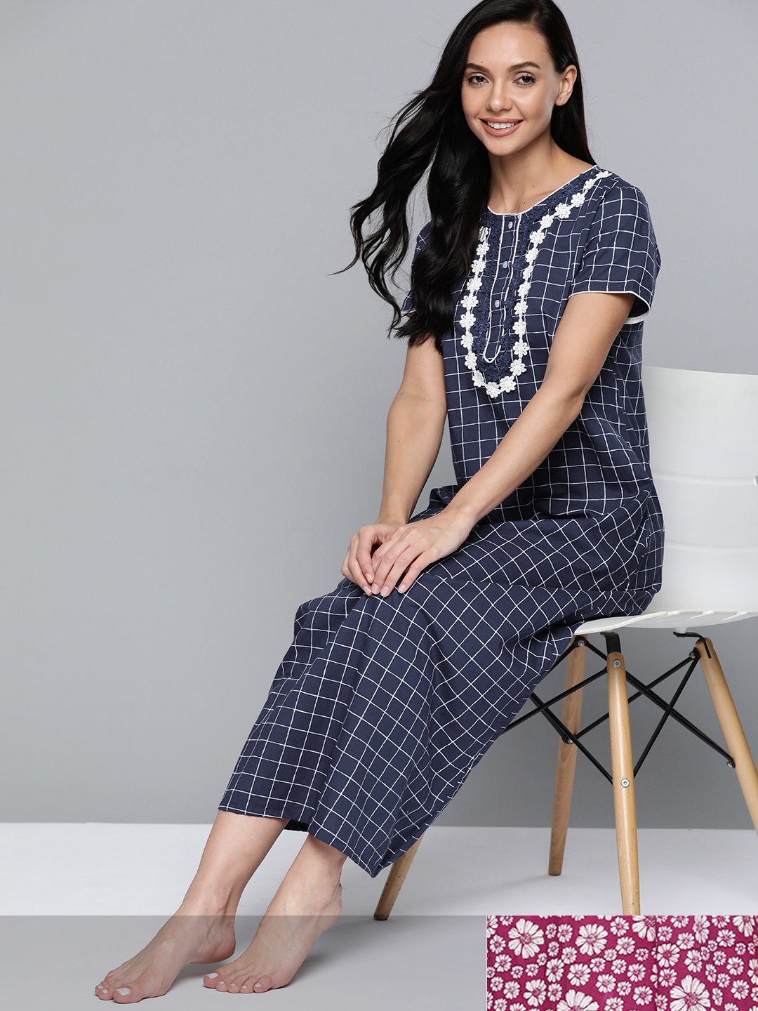 

HERE&NOW Pack Of 2 Checked Maxi Nightdress, Navy blue