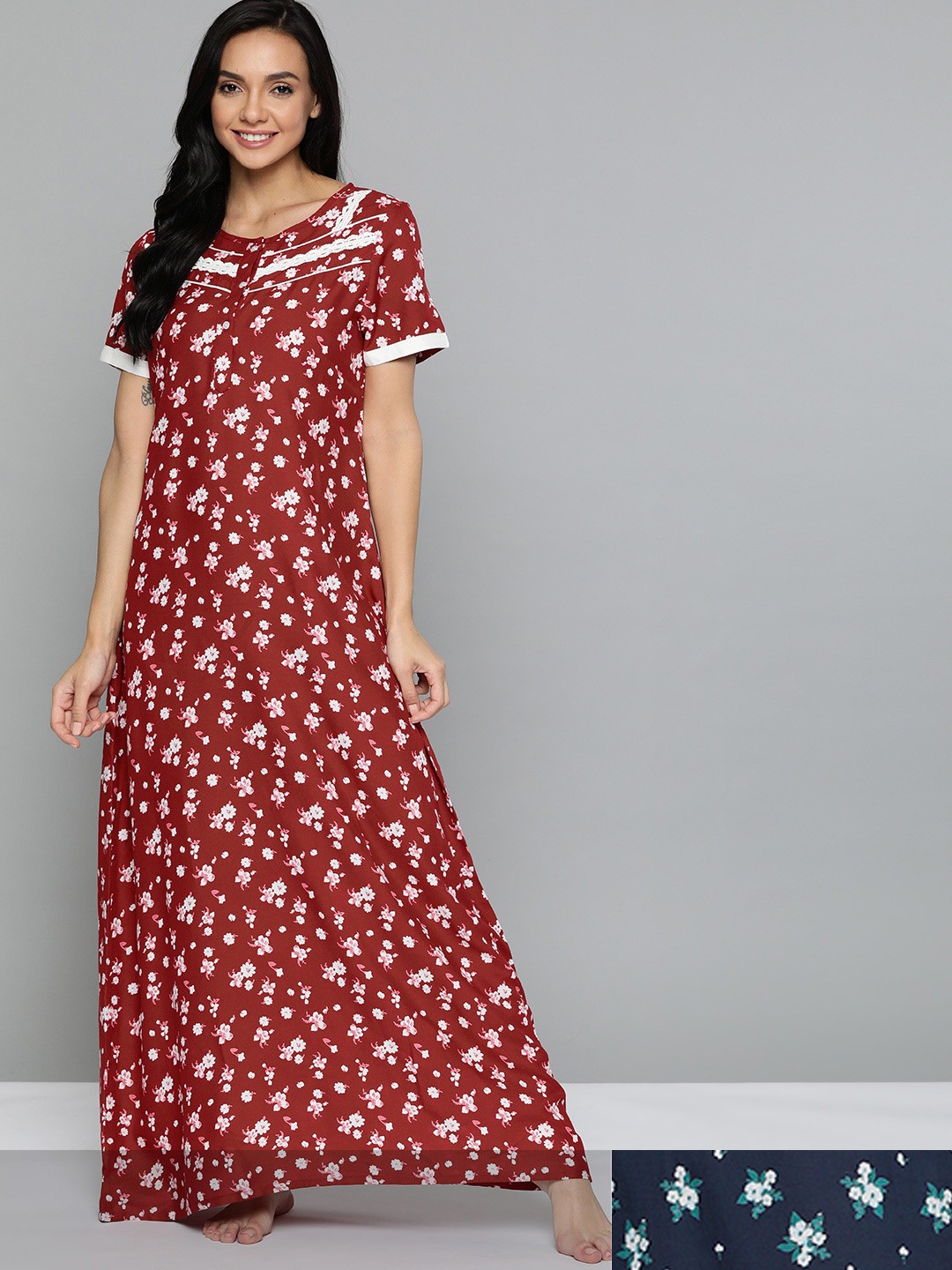 

HERE&NOW Women Pack of 2 Printed Nightdress, Maroon