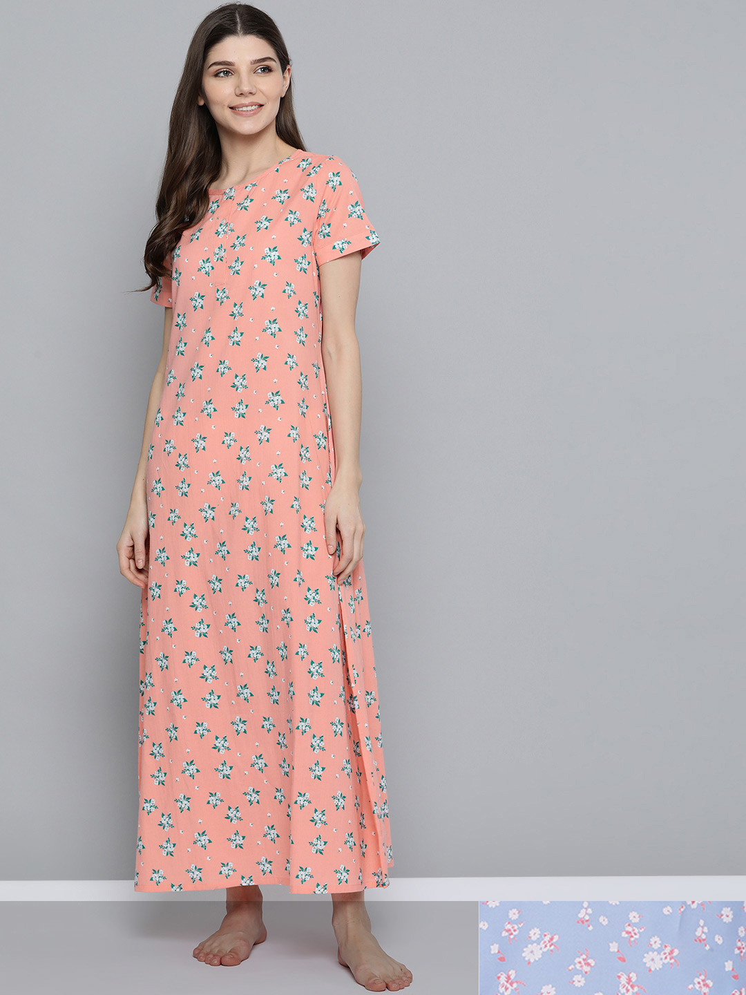 

HERE&NOW Peach-Coloured & White Floral Printed Pure Cotton Pack of 2 Maxi Nightdress