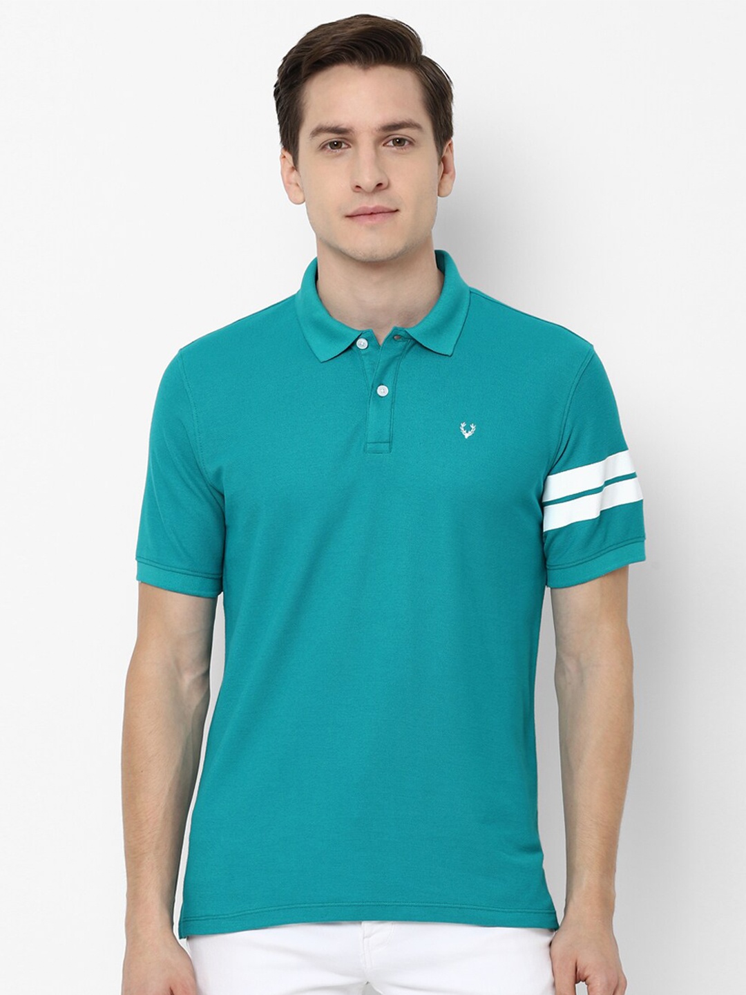 

Allen Solly Men Turquoise Blue & White Striped Polo Collar T-shirt