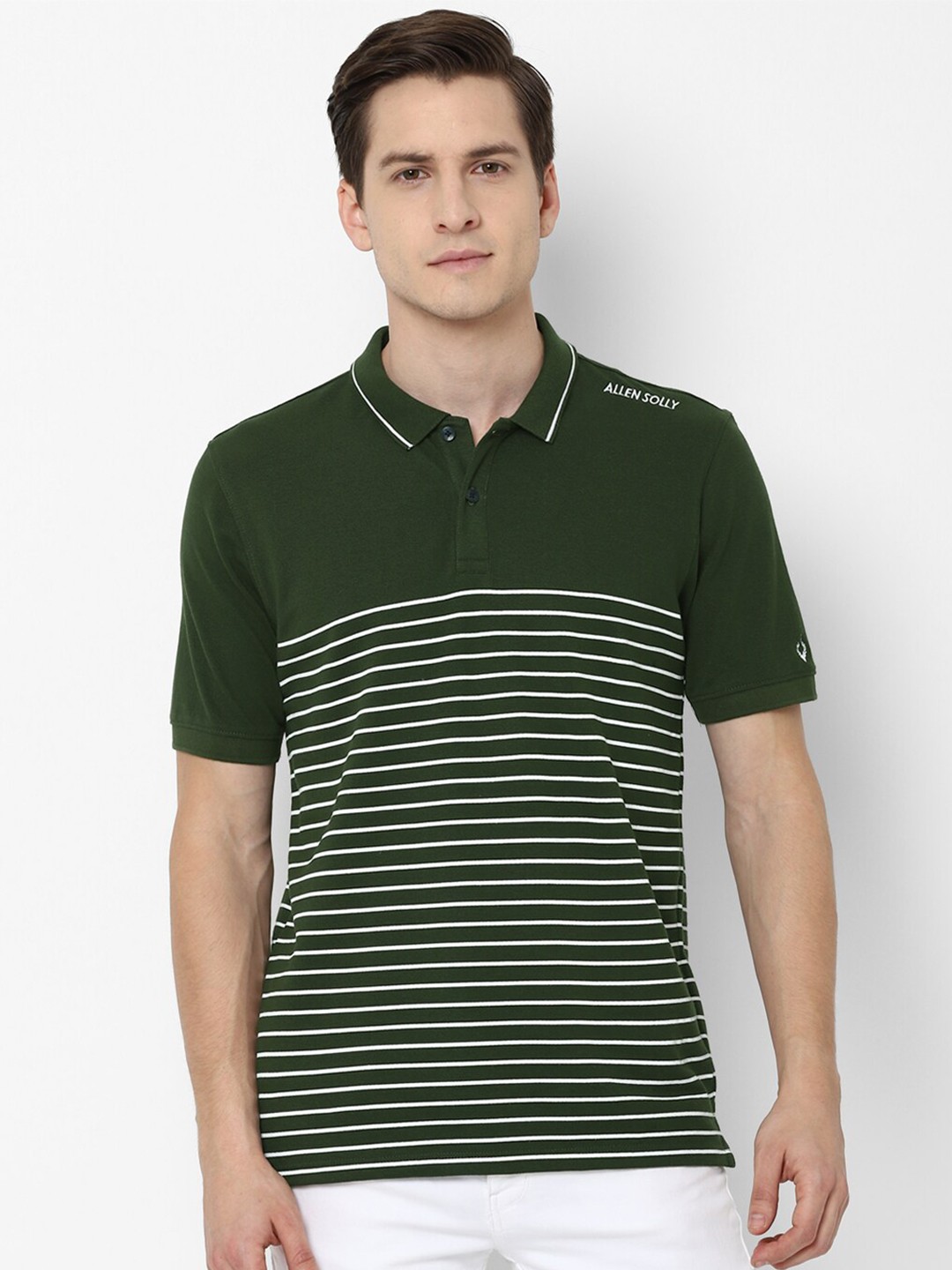 

Allen Solly Men Green Striped Polo Collar Cotton T-shirt