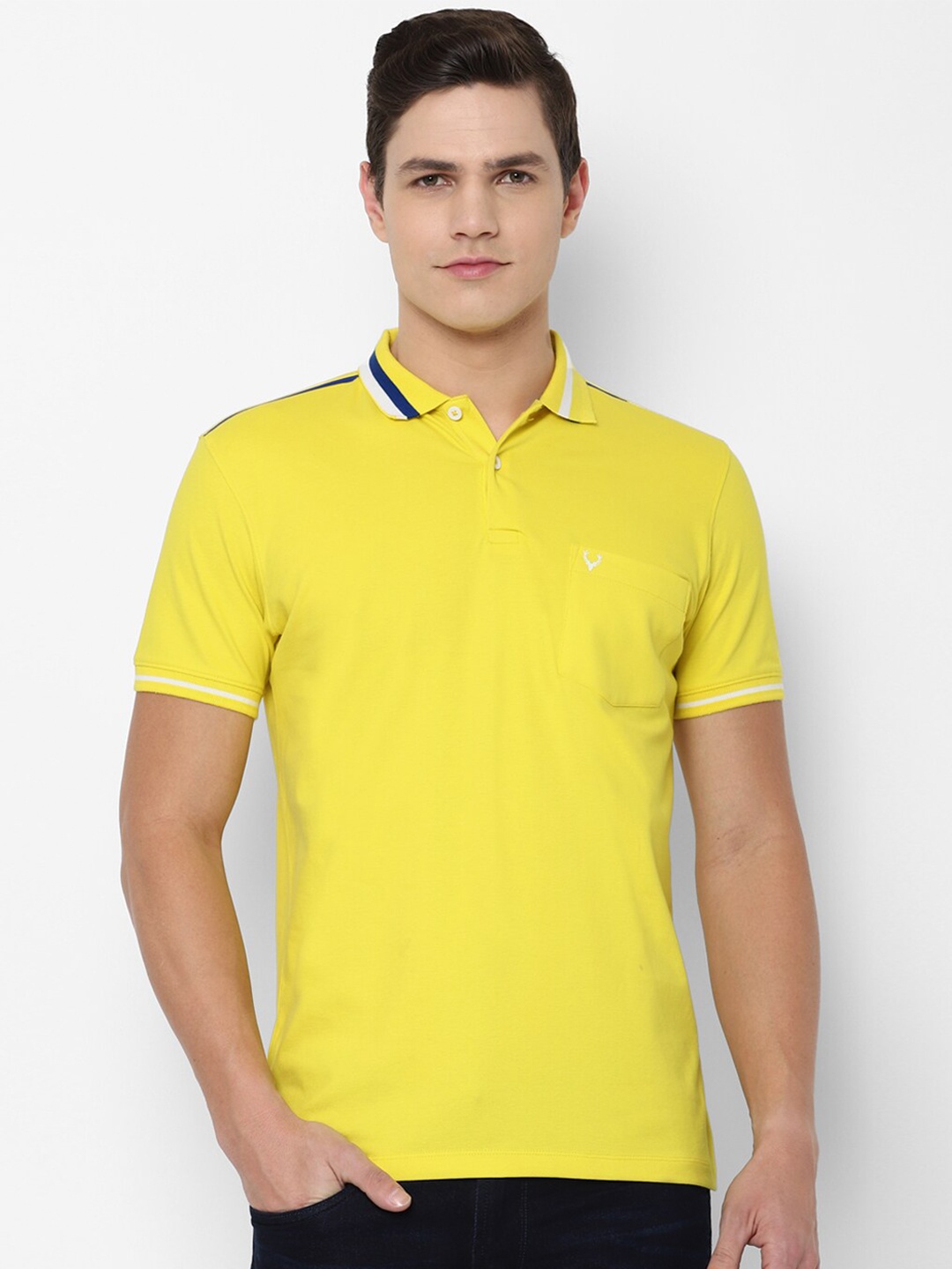 

Allen Solly Men Yellow & Blue Solid Polo Collar Cotton T-shirt